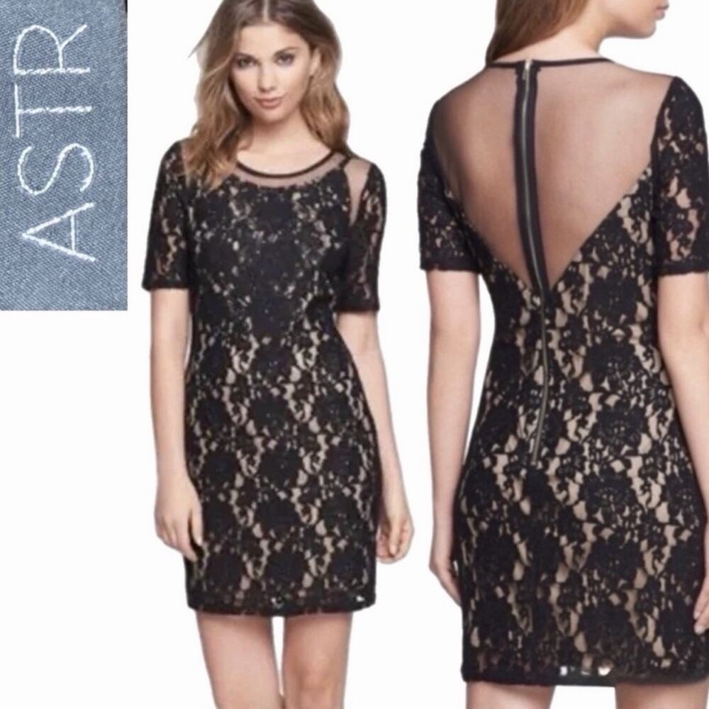 ASTR Black Lace Mini Dress | Sheer Mesh Detail | XS